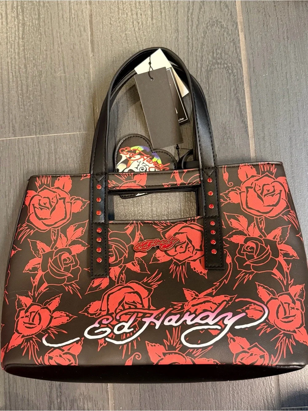Ed Hardy Black & Red Rose Skull Tote with Stud Accents - Picture 8 of 8